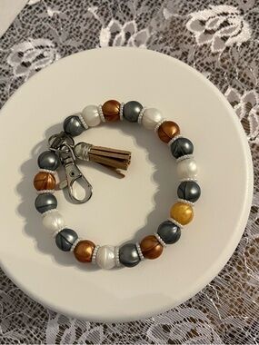 Handmade Pearl Bead Bracelet Keychain – Gray, White & Copper